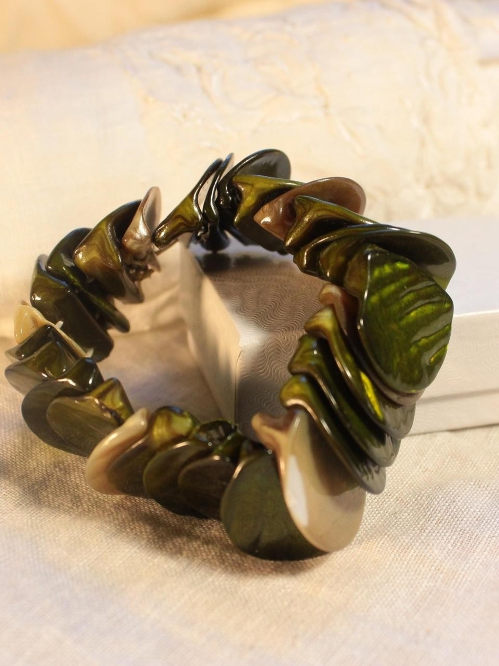 Olive Green Shell Chip Stretch Bracelet